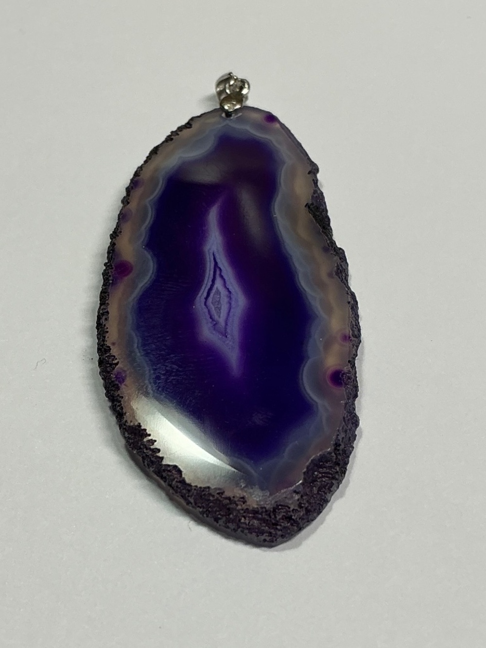 Purple Agate Slice Pendant with a Sterling Silver Setting. 2” long